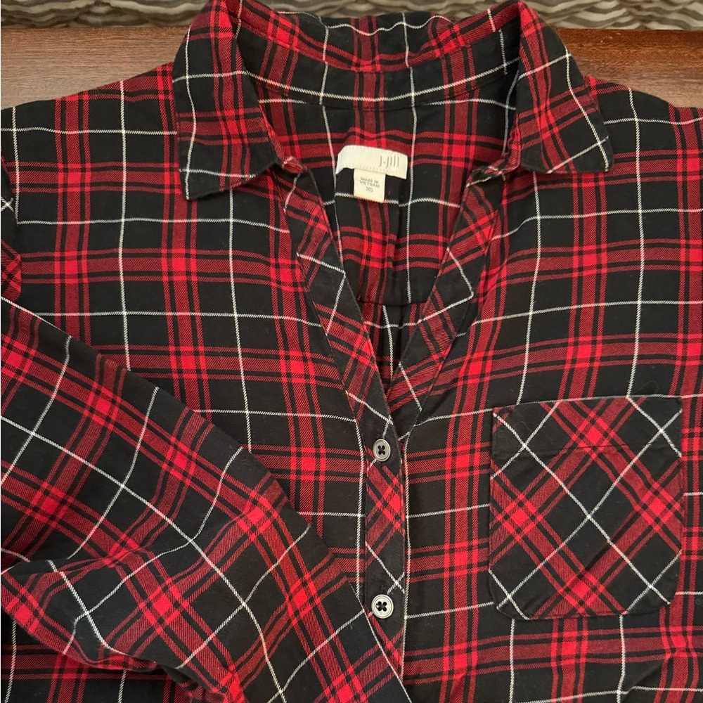 J. Jill Red and Black Checkered Button Down Shirt